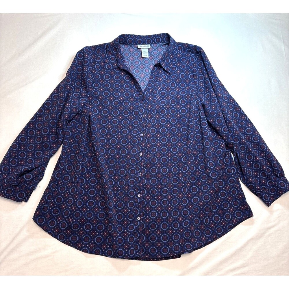 Catherines Women's Plus Size 1X Retro Geometric Button Down Long Sleeves Blouse